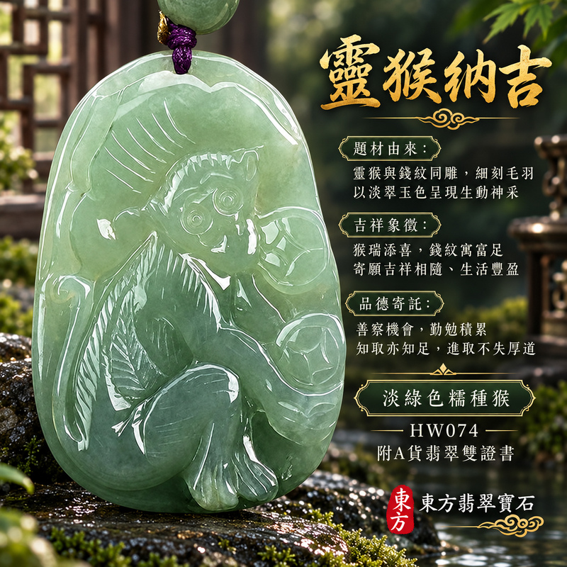 翡翠生肖猴項鍊玉珮｜聰慧靈巧・積極進取・福運相隨・前程順遂・平安吉祥・萬事如意・福壽安康・封侯進祿｜天然A貨翡翠・緬甸玉・淡綠色・糯種｜猴子抱桃，吉祥如意｜猴玉珮・猴玉墜・猴吊墜・翡翠猴牌・猴項鍊・緬甸玉項鍊・A貨翡翠項鍊｜HW074｜男女翡翠項鍊・送禮收藏｜客製化訂做翡翠猴玉珮、翡翠猴玉墜、翡翠猴吊墜、翡翠猴項鍊｜附A貨翡翠雙證書・東方翡翠寶石