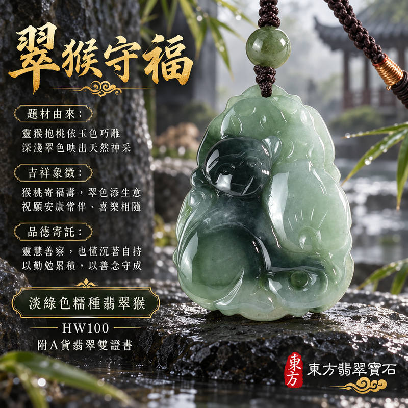 翡翠生肖猴項鍊玉珮｜聰慧靈巧・積極進取・福運相隨・前程順遂・平安吉祥・萬事如意・福壽安康・封侯進祿｜天然A貨翡翠・緬甸玉・淡綠色・糯種｜猴子抱桃，吉祥如意｜猴玉珮・猴玉墜・猴吊墜・翡翠猴牌・猴項鍊・緬甸玉項鍊・A貨翡翠項鍊｜HW100｜男女翡翠項鍊・送禮收藏｜客製化訂做翡翠猴玉珮、翡翠猴玉墜、翡翠猴吊墜、翡翠猴項鍊｜附A貨翡翠雙證書・東方翡翠寶石