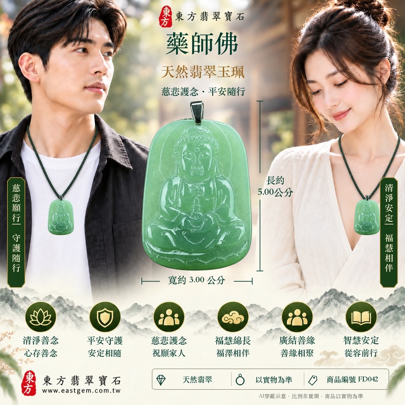 翡翠藥師佛項鍊玉珮｜孝親感恩・平安守護・福澤綿長・正氣安定・貴人相助｜天然翡翠淺綠細豆種藥師佛｜緬甸玉藥師佛玉墜 FD042｜客製化訂做｜附A貨翡翠證書及店家保證書2