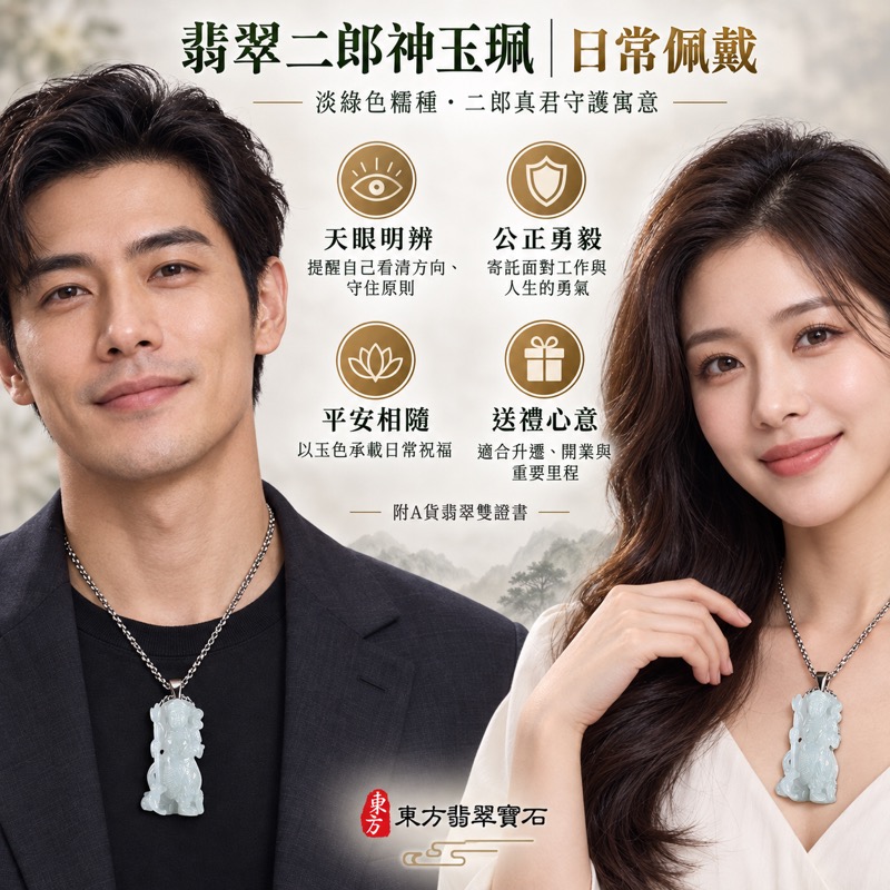 翡翠二郎神項鍊玉珮｜二郎真君清源妙道真君正義守護・天眼明辨・斬妖除魔・公正勇毅・事業順遂・平安護持・貴人相助・前程順遂・智慧洞察・清明自在・緬甸A貨翡翠淡綠色糯種・溫潤細膩玉質・KN207｜客製化訂做二郎神吊墜玉珮項鍊｜附A貨翡翠雙證書2