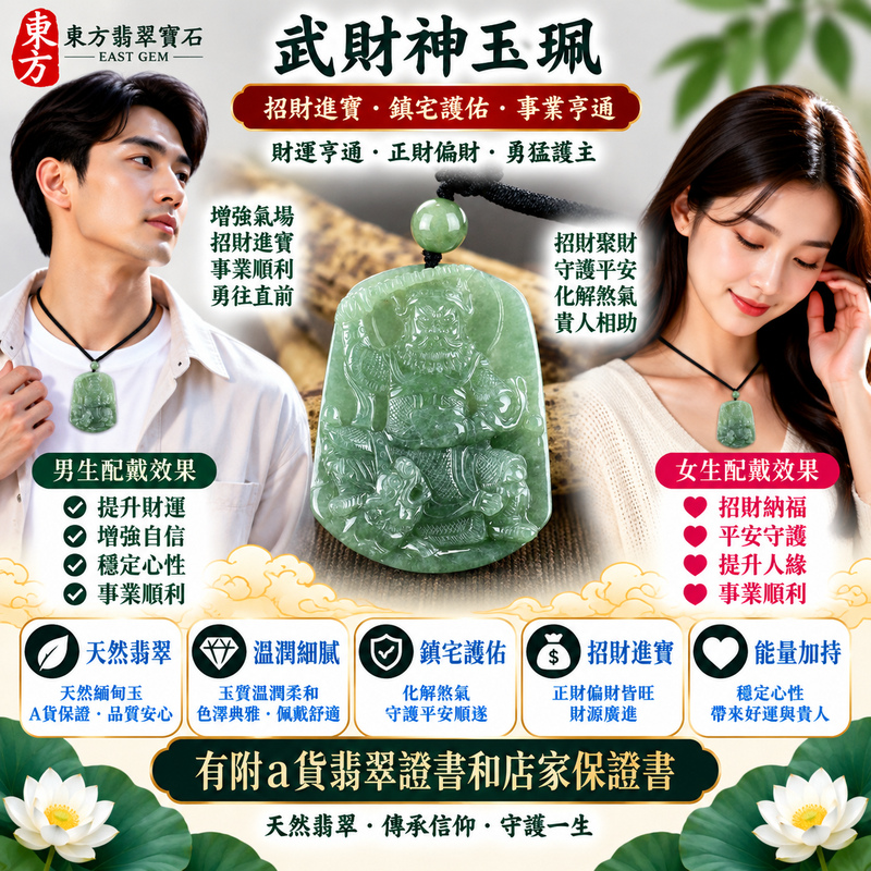 【已售出勿下標,可客製訂做|A貨翡翠武財神項鍊玉珮|綠色糯種緬甸玉、趙公明武財神牌、翠色溫潤沉穩、招財納福、財運亨通、守財聚福】天然翡翠武財神趙公明玉墜,綠色糯種玉質溫潤柔和、天然翠色色澤清雅沉穩,糯種特有的柔潤質感搭配自然翠綠色調,呈現天然緬甸翡翠含蓄雅緻、古典溫潤、沉穩耐看的東方玉石之美,搭配武財神趙公明威武莊嚴的雕刻意象,融合傳統財神信仰與翡翠玉雕文化,寓意招財納福、財源廣進、守財聚福、事業順遂、生意興隆、吉祥如意、福運綿延,適合經商人士、創業者、業務工作者日常佩戴、自用祈福、開業祝福、送禮及收藏珍藏,客製化訂做各種翡翠武財神吊墜玉珮項鍊,WM020,附A貨翡翠雙證書2 【已售出勿下標,可客製訂做|A貨翡翠武財神項鍊玉珮|綠色糯種緬甸玉、趙公明武財神牌、翠色溫潤沉穩、招財納福、財運亨通、守財聚福】天然翡翠武財神趙公明玉墜,綠色糯種玉質溫潤柔和、天然翠色色澤清雅沉穩,糯種特有的柔潤質感搭配自然翠綠色調,呈現天然緬甸翡翠含蓄雅緻、古典溫潤、沉穩耐看的東方玉石之美,搭配武財神趙公明威武莊嚴的雕刻意象,融合傳統財神信仰與翡翠玉雕文化,寓意招財納福、財源廣進、守財聚福、事業順遂、生意興隆、吉祥如意、福運綿延,適合經商人士、創業者、業務工作者日常佩戴、自用祈福、開業祝福、送禮及收藏珍藏,客製化訂做各種翡翠武財神吊墜玉珮項鍊,WM020,附A貨翡翠雙證書2