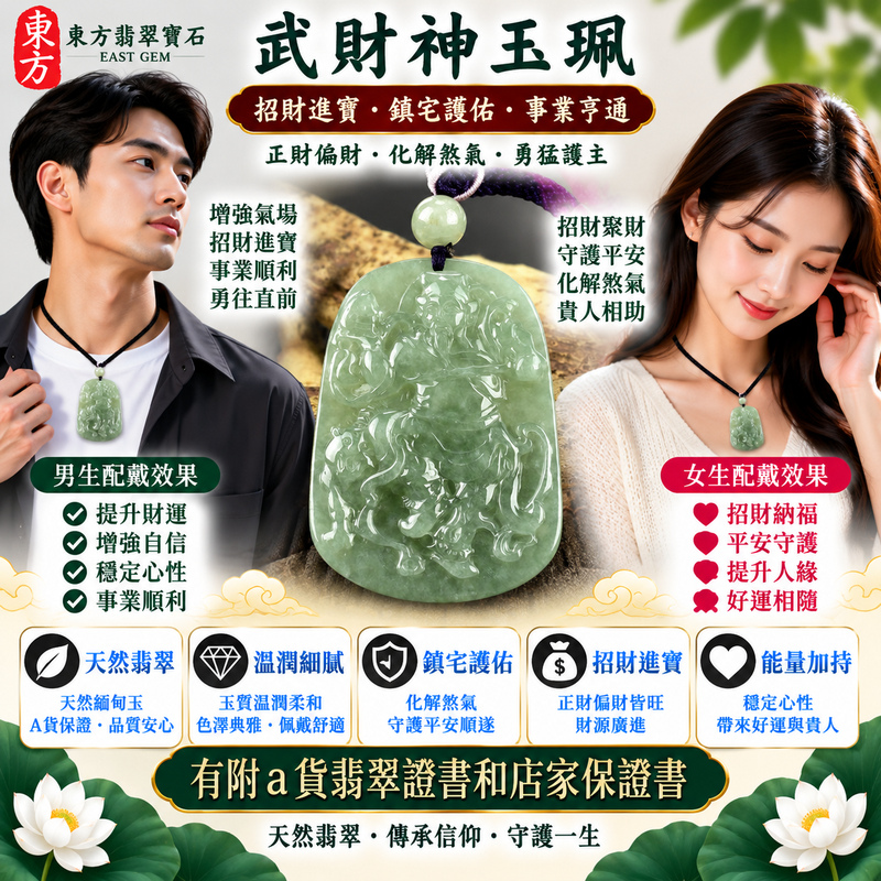 【A貨翡翠武財神項鍊玉珮｜綠色糯種天然緬甸翡翠、趙公明武財神玉墜、翠意清雅糯潤細膩、招財進寶、守財聚福、事業順遂】天然翡翠武財神牌玉墜，綠色糯種天然翠色色澤柔和雅緻、玉質溫潤細膩，翠綠色調與糯種柔和糯潤的天然質感相互映襯，展現緬甸翡翠清雅含蓄、古典沉穩、溫潤耐看的東方玉石特色，搭配趙公明武財神莊嚴威武的雕刻神韻，更具傳統招財祈福文化意涵，寓意招財進寶、財源廣進、守財聚福、生意興隆、事業順遂、吉祥納福、福氣相伴、福運長存，適合日常佩戴、經商祈福、開店開業、事業祝福、親友送禮與天然翡翠收藏，客製化訂做各種翡翠武財神吊墜玉珮項鍊，WM032，附A貨翡翠雙證書2