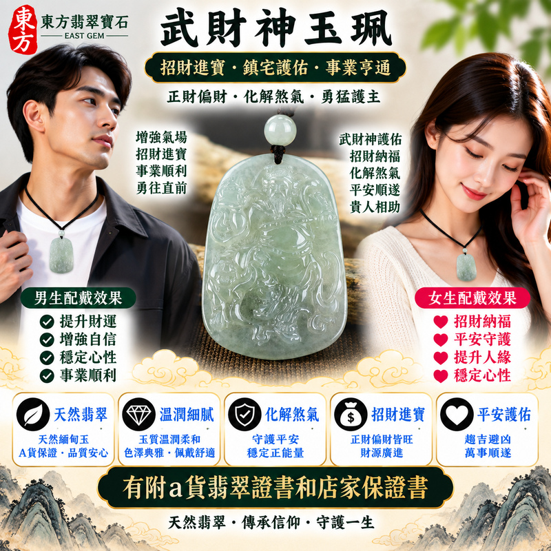 【已出售勿下標,可客製訂做|A貨翡翠武財神項鍊玉珮|淡綠色糯冰種緬甸玉、趙公明武財神玉墜、清潤透光溫雅細膩、招財進寶、財運亨通、守財納福】天然翡翠武財神牌玉墜,淡綠色糯冰種玉質細膩清潤,兼具糯種柔和溫潤的質感與糯冰種較佳的自然透光感,淡淡翠綠色澤清新雅緻、柔和耐看,展現天然緬甸翡翠清潤細膩、溫雅秀麗且富有層次的東方玉石美感,搭配趙公明武財神威武莊嚴的雕刻意象,更添傳統財神信仰與招財祈福意涵,寓意招財進寶、財源廣進、守財聚福、生意興隆、事業順遂、吉祥納福、福氣相伴、福運綿延,適合日常佩戴、經商祈福、事業祝福、開業送禮與天然翡翠收藏,客製化訂做各種翡翠武財神吊墜玉珮項鍊,WM018,附A貨翡翠雙證書2 【已出售勿下標,可客製訂做|A貨翡翠武財神項鍊玉珮|淡綠色糯冰種緬甸玉、趙公明武財神玉墜、清潤透光溫雅細膩、招財進寶、財運亨通、守財納福】天然翡翠武財神牌玉墜,淡綠色糯冰種玉質細膩清潤,兼具糯種柔和溫潤的質感與糯冰種較佳的自然透光感,淡淡翠綠色澤清新雅緻、柔和耐看,展現天然緬甸翡翠清潤細膩、溫雅秀麗且富有層次的東方玉石美感,搭配趙公明武財神威武莊嚴的雕刻意象,更添傳統財神信仰與招財祈福意涵,寓意招財進寶、財源廣進、守財聚福、生意興隆、事業順遂、吉祥納福、福氣相伴、福運綿延,適合日常佩戴、經商祈福、事業祝福、開業送禮與天然翡翠收藏,客製化訂做各種翡翠武財神吊墜玉珮項鍊,WM018,附A貨翡翠雙證書2
