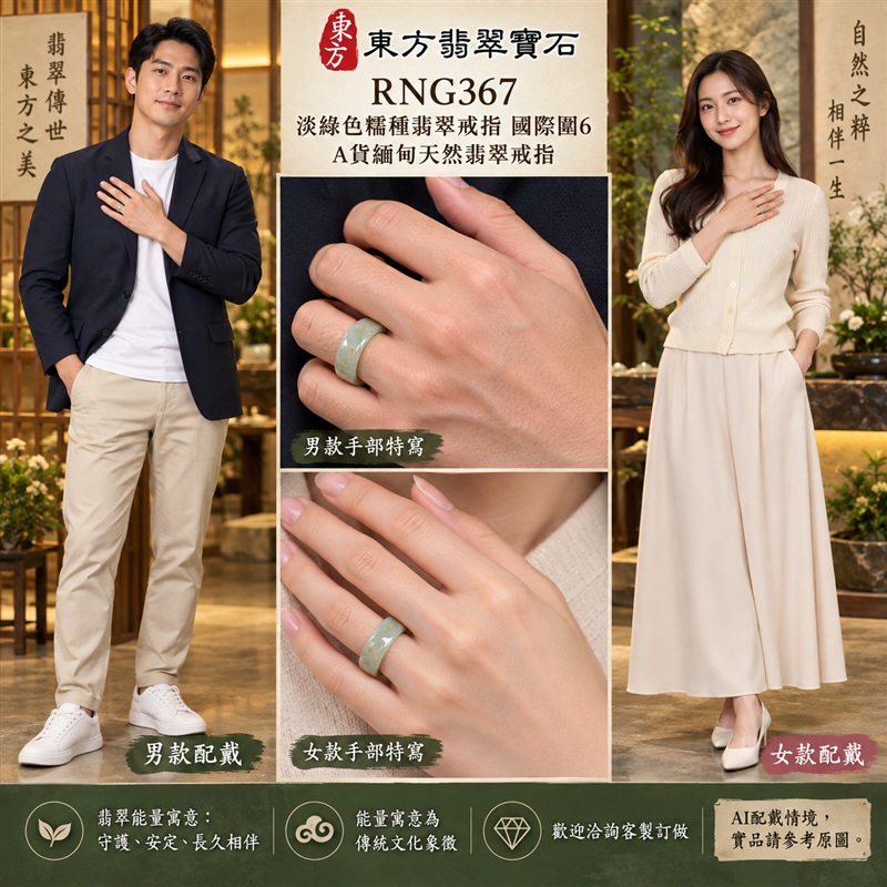 （已售出勿下標 可洽客製訂做）｜A貨緬甸天然翡翠戒指｜淡綠色糯種翡翠戒指 國際圍6｜綠意清雅 色調自然 溫潤玉質觀感｜寓意圓滿和合、平安順遂、吉祥如意、福氣常伴、情緣長久｜翡翠玉戒 版指戒 男女對戒 情侶對戒｜可客製訂做翡翠戒指、吊墜、玉珮、項鍊｜RNG367｜附A貨翡翠雙證書2