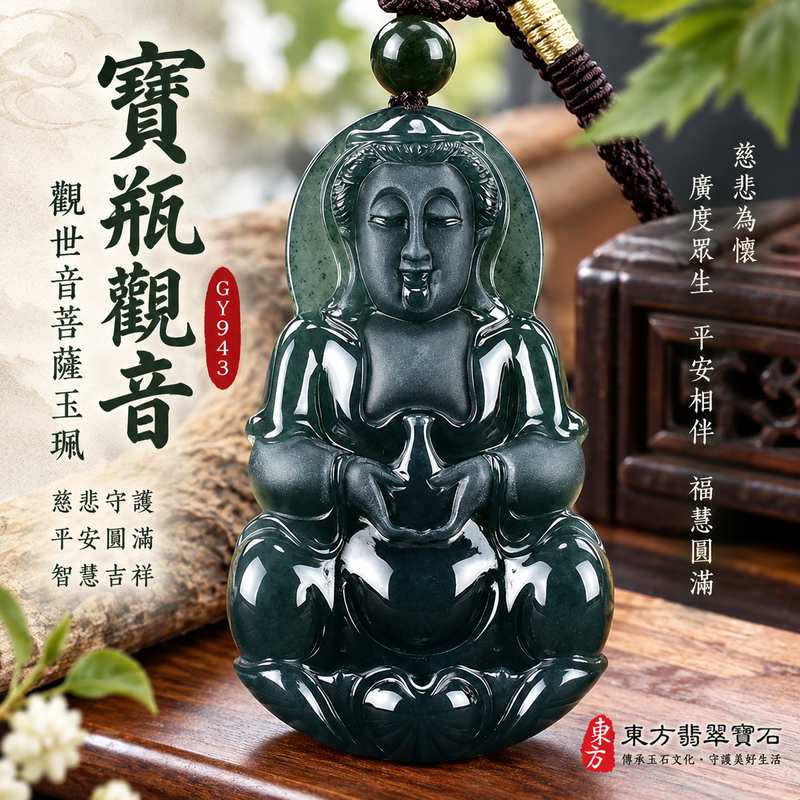 翡翠寶瓶觀音觀世音菩薩玉珮 I 慈悲守護平安圓滿智慧吉祥文化寓意 GY943 寶瓶觀音翡翠玉墜 I 瓜地馬拉A貨翡翠觀世音菩薩玉珮附雙證書 I 木土五行翡翠玉石吊墜項鍊 I 適合男女日常佩戴收藏送禮祈願安心祝福 I 可客製化訂做各式觀世音菩薩吊墜玉珮項鍊1