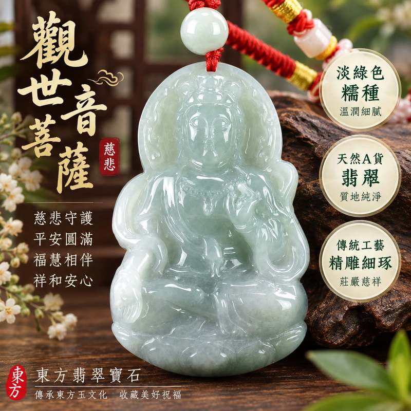 淡綠色糯種觀世音菩薩翡翠玉珮 I 慈悲守護平安圓滿吉祥祝福溫潤淡雅玉質 GY947 福慧相伴祥和安心傳統觀音文化寓意 I 緬甸A貨翡翠觀世音菩薩玉珮附雙證書 I 金木土五行天然玉石質感男女皆宜日常佩戴收藏送禮祈願平安福氣圓滿客製化訂做翡翠觀音吊墜項鍊東方翡翠寶石1