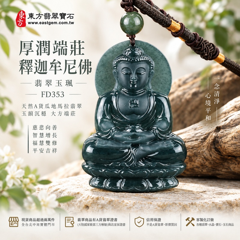 厚潤端莊釋迦牟尼佛翡翠玉珮｜FD353｜佛祖天然A貨瓜地馬拉翡翠項鍊吊墜・0.96公分厚實玉體立體飽滿・大尺寸玉珮份量扎實・天然翡翠玉韻沉穩大方｜寓意慈悲向善、智慧增長、福慧雙修、清淨守心、善念相伴、沉穩自省、心境平和、平安吉祥｜可客製訂做各式翡翠釋迦牟尼佛吊墜玉珮項鍊｜附A貨翡翠雙證書1