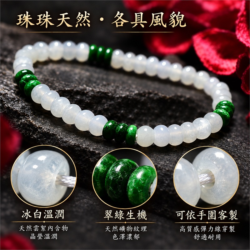 天然A貨雙色算盤珠翡翠手鍊｜雙色算盤珠緬甸玉手鍊｜冰白翡翠×深翠綠翡翠算盤珠｜冰白主色搭配濃郁翠綠分段點綴・白綠雙色相映・珠珠呈現天然棉絮與獨特紋理｜約5mm纖細算盤珠・小巧扁圓・排列細密・溫潤輕盈｜平安圓滿・生機長久・招福納祥・順遂安康｜金木五行傳統文化寓意｜男女皆宜｜天然翡翠珠串・緬甸玉手珠・日常佩戴送禮收藏｜可依手圍客製化設計各式翡翠珠串｜附中國玉石鑑定證書與東方翡翠寶石保證書雙證書｜OPP028-1
