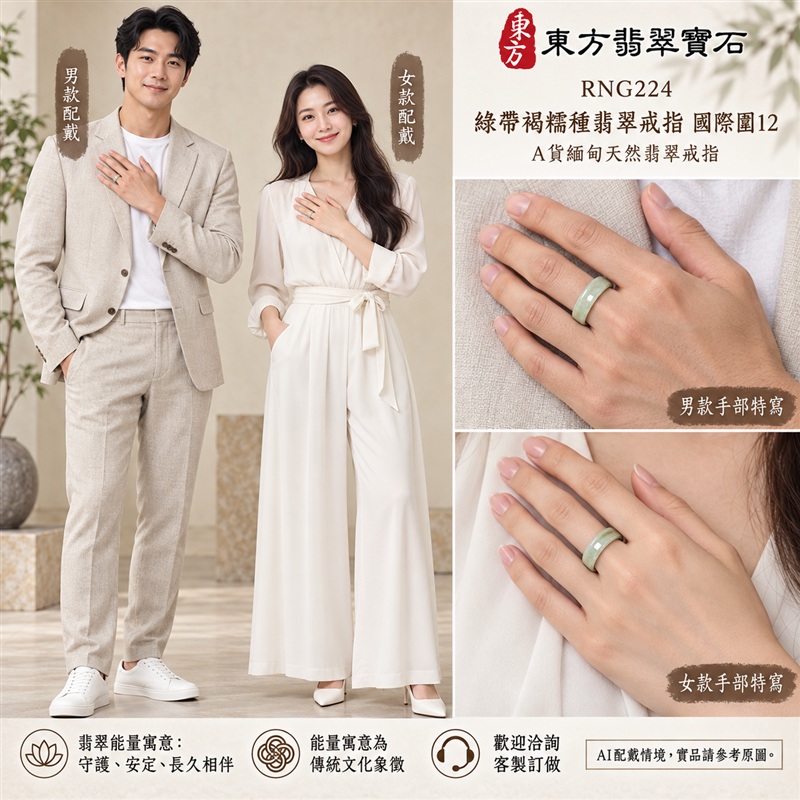 A貨緬甸天然翡翠戒指｜綠帶褐糯種翡翠戒指 國際圍12｜俏色點綴 自然色澤層次 溫潤玉質觀感｜寓意圓滿和合、平安順遂、吉祥如意、福氣常伴、情緣長久｜翡翠玉戒 版指戒 男女對戒 情侶對戒｜可客製訂做翡翠戒指、吊墜、玉珮、項鍊｜RNG224｜附A貨翡翠雙證書2