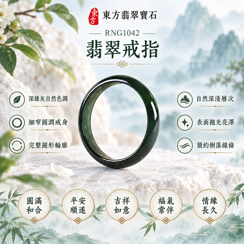 深綠油青種翡翠平口戒｜RNG1042｜深綠天然色澤・天然玉石紋理・細窄素面戒身・沉穩油潤光澤｜簡約中性翡翠玉戒、男女日常配戴、單戴疊搭與東方玉飾收藏｜深綠油青種翡翠戒環・天然玉戒指・台中門市・附鑑定證書｜東方翡翠寶石專賣店 1