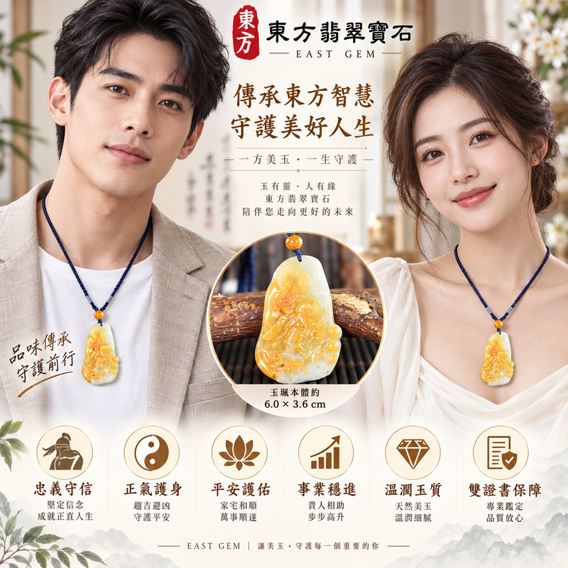 翡翠關公項鍊玉珮｜關聖帝君踏勢而行・勇毅守義・瑞氣隨身｜瓜地馬拉翡翠・橙黃乳白交融・俏色動雕｜關公玉墜・關公牌玉珮KG626｜客製化訂做各式翡翠關公吊墜玉珮項鍊｜附雙證書2