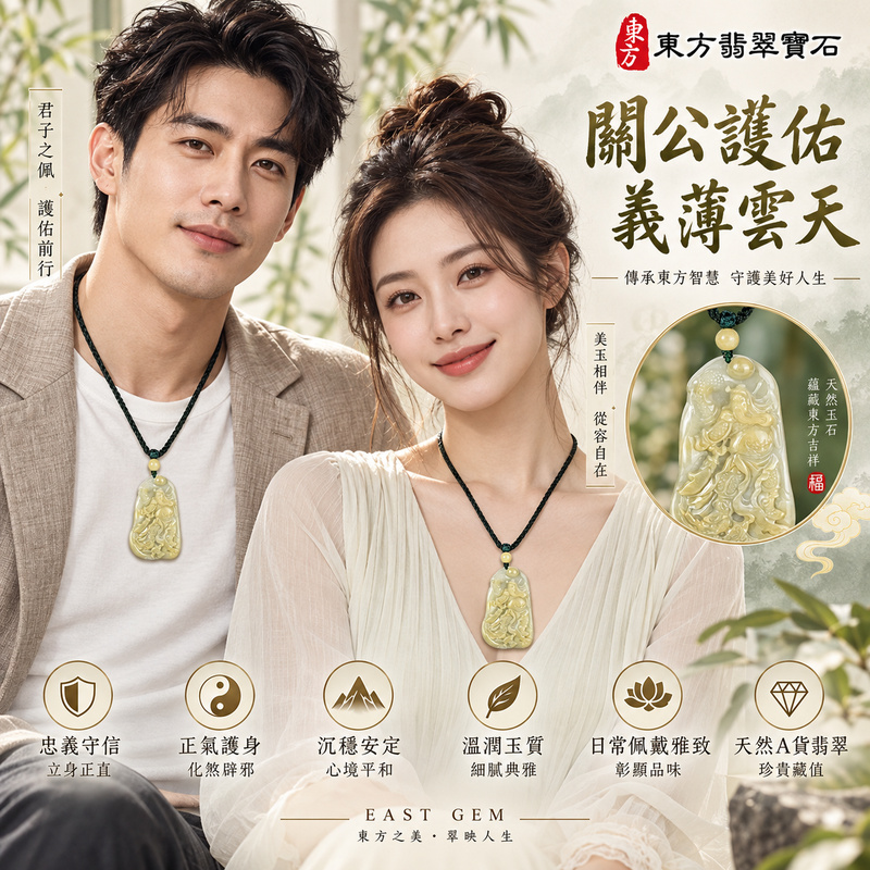 （已出售勿下標，可訂做）翡翠關公項鍊玉珮｜關聖帝君忠義鎮守・持刀立威・祥龍護持｜緬甸A貨翡翠乳黃青白玉色・天然俏色・立體精雕｜關公牌翡翠玉珮・緬甸玉關公玉墜KG641｜客製化訂做各式翡翠關公吊墜玉珮項鍊｜附A貨翡翠雙證書2