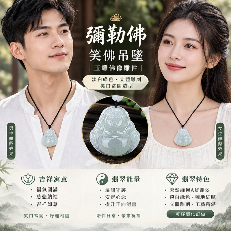 彌勒佛笑佛吊墜掛件｜彌勒佛玉雕佛像雕件｜淡白綠色・立體雕刻・笑口常開造型｜福氣圓滿・慈悲納福・吉祥如意｜ML046｜已出售勿下標・可客製化訂做2