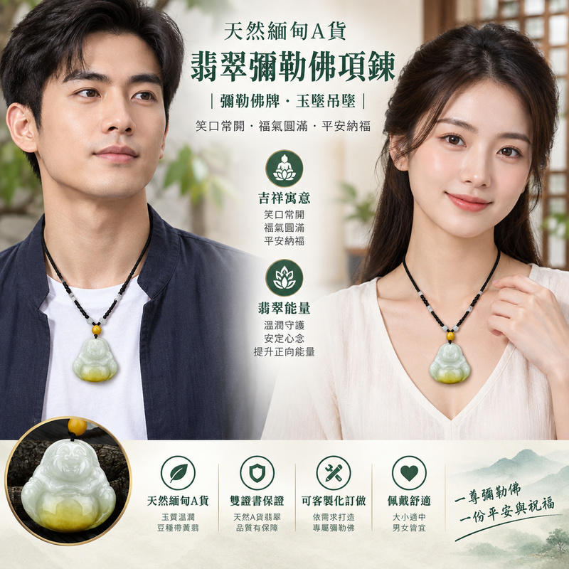 天然緬甸A貨翡翠彌勒佛項鍊玉珮｜彌勒佛牌・彌勒佛玉墜吊墜｜豆種帶黃翡・玉質溫潤｜笑口常開・福氣圓滿・平安納福｜ML087｜附A貨翡翠雙證書・可客製化訂做彌勒佛翡翠吊墜玉珮項鍊2