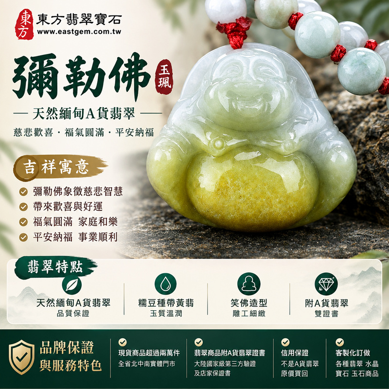 天然緬甸A貨翡翠彌勒佛項鍊玉珮｜彌勒佛牌・彌勒佛玉墜吊墜｜糯豆種帶黃翡・翡翠玉質溫潤・笑佛造型｜慈悲歡喜・福氣圓滿・平安納福｜ML088｜附A貨翡翠雙證書・可客製化訂做各種翡翠彌勒佛吊墜玉珮項鍊1