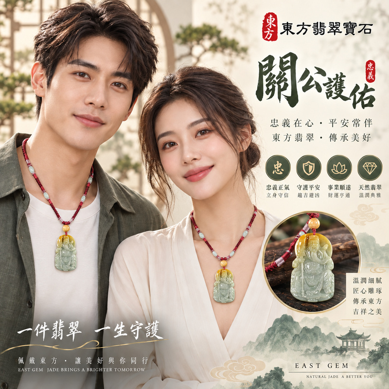 翡翠關公項鍊玉珮｜關聖帝君端坐鎮威・守信定心・正氣護業｜A貨翡翠青白蜜黃交映・厚潤俏色・端整浮雕｜關公玉墜・關公牌玉珮KG645｜客製化訂做各式翡翠關公吊墜玉珮項鍊｜附A貨翡翠雙證書2