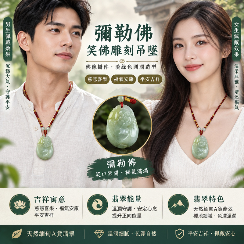 彌勒佛笑佛雕刻吊墜｜佛像掛件・淡綠色圓潤造型｜慈悲喜樂・福氣安康・平安吉祥｜ML121｜已出售勿下標・可訂做2