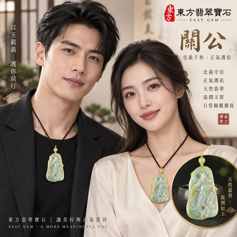 翡翠關公項鍊玉珮｜關聖帝君側身昂立・義勇開程・守信迎祥・昂志前行｜緬甸A貨翡翠青白乳綠交融・蜜黃黃橙俏色・溫潤清雅・動勢精雕｜天然翡翠關公玉墜・關公牌玉珮KG764｜客製化訂做各式翡翠關公吊墜玉珮項鍊｜附A貨翡翠雙證書2