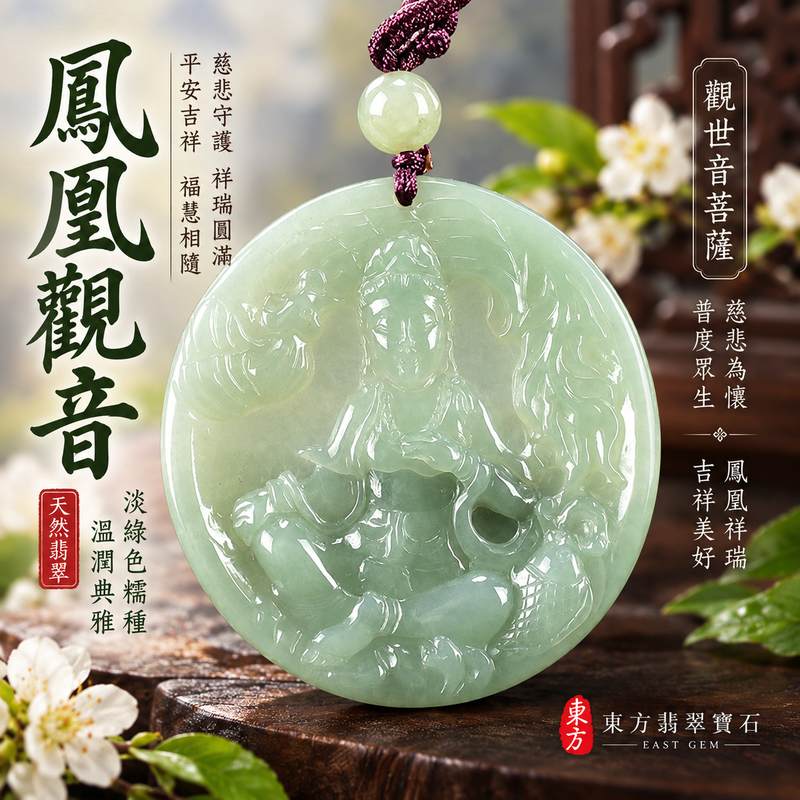 淡綠色糯種鳳凰觀音觀世音菩薩翡翠玉珮 I 慈悲守護平安吉祥鳳凰祥瑞福慧圓滿 GY1243 溫潤淡綠色澤展現東方玉文化祝福寓意 I 緬甸A貨翡翠觀世音菩薩玉珮附雙證書 I 適合日常佩戴祈福收藏親友祝福送禮男女皆宜 I 客製化訂做各種翡翠觀音吊墜玉珮項鍊1