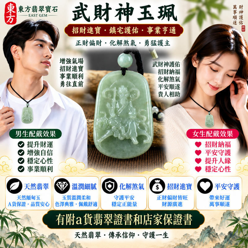 【A貨翡翠武財神項鍊玉珮|綠色糯種天然緬甸玉、趙公明武財神牌、翠色溫潤沉穩、招財進寶、財源廣進、守財聚福】天然翡翠武財神趙公明玉墜,綠色糯種玉質溫潤柔和、天然翠色色澤清雅自然,糯種特有的柔潤質感搭配沉穩翠綠色調,呈現天然緬甸翡翠含蓄雅緻、古典溫潤且自然耐看的東方玉石之美,搭配趙公明武財神威武莊嚴的雕刻意象,更具傳統財神祈福文化特色,寓意招財進寶、財源廣進、守財聚福、生意興隆、事業順遂、吉祥納福、福氣相伴、福運綿延,適合經商創業、職場工作、日常佩戴、開業祝福、送禮與收藏,客製化訂做各種翡翠武財神吊墜玉珮項鍊,WM015,附A貨翡翠雙證書2 【A貨翡翠武財神項鍊玉珮|綠色糯種天然緬甸玉、趙公明武財神牌、翠色溫潤沉穩、招財進寶、財源廣進、守財聚福】天然翡翠武財神趙公明玉墜,綠色糯種玉質溫潤柔和、天然翠色色澤清雅自然,糯種特有的柔潤質感搭配沉穩翠綠色調,呈現天然緬甸翡翠含蓄雅緻、古典溫潤且自然耐看的東方玉石之美,搭配趙公明武財神威武莊嚴的雕刻意象,更具傳統財神祈福文化特色,寓意招財進寶、財源廣進、守財聚福、生意興隆、事業順遂、吉祥納福、福氣相伴、福運綿延,適合經商創業、職場工作、日常佩戴、開業祝福、送禮與收藏,客製化訂做各種翡翠武財神吊墜玉珮項鍊,WM015,附A貨翡翠雙證書2