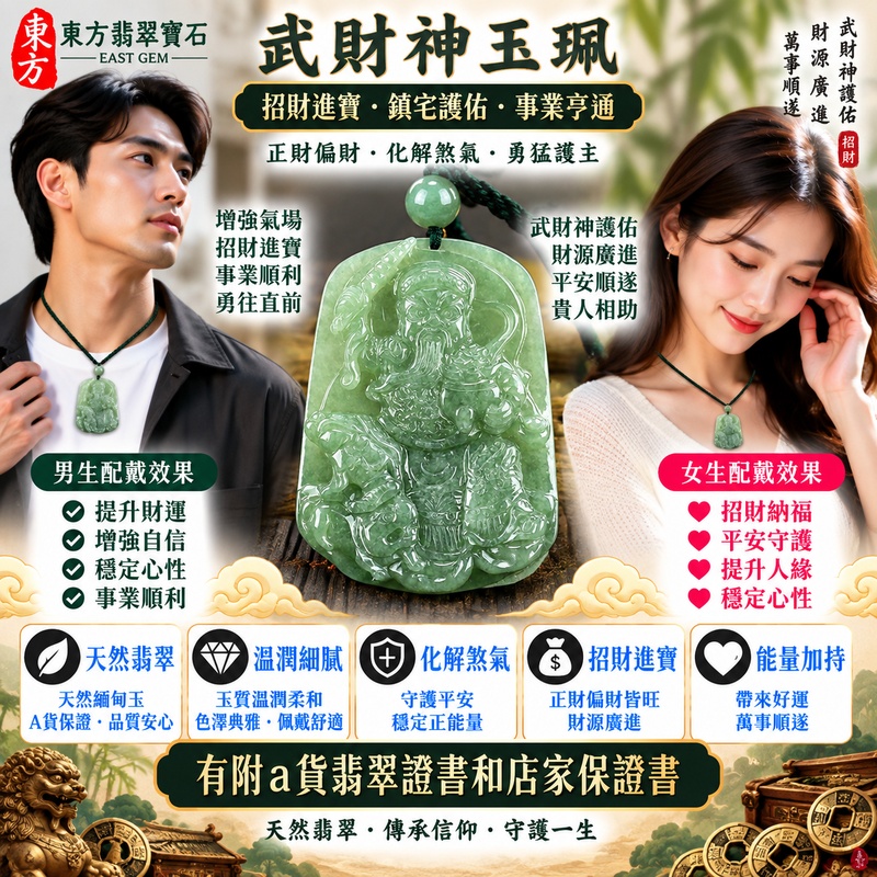 【已出售勿下標,可客製訂做|A貨翡翠武財神項鍊玉珮|綠色糯種緬甸玉、趙公明武財神玉墜、天然翠意沉穩雅緻、招財納福、守財聚福、事業順遂】天然翡翠武財神牌玉墜,綠色糯種玉質溫潤柔和、天然翠綠色澤清雅沉穩,糯種細膩柔潤的質感使整體呈現含蓄典雅、古樸溫雅且自然耐看的天然翡翠特色,搭配趙公明武財神威武莊嚴的雕刻神韻,更顯大器祥瑞,融合天然緬甸玉文化與傳統財神祈福意涵,寓意招財納福、財源廣進、守財聚福、生意興隆、事業順遂、吉祥如意、福氣常伴、福運綿延;原商品已出售,可客製化訂做各種翡翠武財神吊墜玉珮項鍊,WM023,附A貨翡翠雙證書2 【已出售勿下標,可客製訂做|A貨翡翠武財神項鍊玉珮|綠色糯種緬甸玉、趙公明武財神玉墜、天然翠意沉穩雅緻、招財納福、守財聚福、事業順遂】天然翡翠武財神牌玉墜,綠色糯種玉質溫潤柔和、天然翠綠色澤清雅沉穩,糯種細膩柔潤的質感使整體呈現含蓄典雅、古樸溫雅且自然耐看的天然翡翠特色,搭配趙公明武財神威武莊嚴的雕刻神韻,更顯大器祥瑞,融合天然緬甸玉文化與傳統財神祈福意涵,寓意招財納福、財源廣進、守財聚福、生意興隆、事業順遂、吉祥如意、福氣常伴、福運綿延;原商品已出售,可客製化訂做各種翡翠武財神吊墜玉珮項鍊,WM023,附A貨翡翠雙證書2