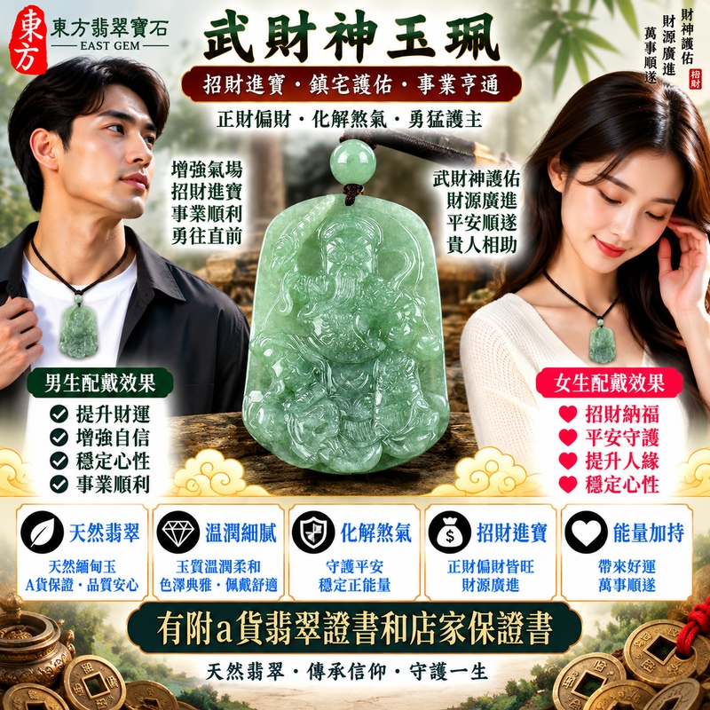 【A貨翡翠武財神項鍊玉珮|綠色糯種天然緬甸玉、趙公明武財神牌、翠綠溫潤古典耐看、招財進寶、財運亨通、守財納福】天然翡翠武財神趙公明玉墜,綠色糯種玉質溫潤細膩、天然翠色色澤自然雅緻,翠綠色調結合糯種柔和溫潤的質感,呈現天然緬甸翡翠古典雅緻、清潤含蓄、沉穩耐看的東方玉石之美,搭配趙公明武財神莊嚴威武的雕刻意象,融合翡翠玉石美學與傳統財神信仰文化,寓意招財進寶、財源廣進、財運亨通、守財納福、生意興隆、事業順遂、吉祥如意、福運綿延,適合經商創業、工作事業、開業祝福、日常佩戴及收藏,客製化訂做各種翡翠武財神吊墜玉珮項鍊,WM024,附A貨翡翠雙證書2 【A貨翡翠武財神項鍊玉珮|綠色糯種天然緬甸玉、趙公明武財神牌、翠綠溫潤古典耐看、招財進寶、財運亨通、守財納福】天然翡翠武財神趙公明玉墜,綠色糯種玉質溫潤細膩、天然翠色色澤自然雅緻,翠綠色調結合糯種柔和溫潤的質感,呈現天然緬甸翡翠古典雅緻、清潤含蓄、沉穩耐看的東方玉石之美,搭配趙公明武財神莊嚴威武的雕刻意象,融合翡翠玉石美學與傳統財神信仰文化,寓意招財進寶、財源廣進、財運亨通、守財納福、生意興隆、事業順遂、吉祥如意、福運綿延,適合經商創業、工作事業、開業祝福、日常佩戴及收藏,客製化訂做各種翡翠武財神吊墜玉珮項鍊,WM024,附A貨翡翠雙證書2