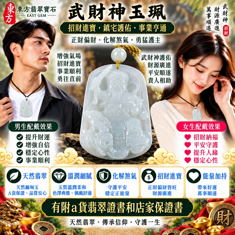 【已售出勿下標,可客製訂做|A貨翡翠武財神項鍊玉珮|淡綠色糯種緬甸玉、趙公明武財神玉墜、翠意清新糯潤柔雅、招財納福、財源廣進、福運綿延】天然翡翠武財神牌玉墜,淡綠色糯種天然翠色清新柔雅、玉質溫潤細膩,淡雅綠意與糯種柔潤含蓄的質感相互映襯,展現天然緬甸翡翠清新溫雅、細膩柔和、古典自然且耐看的玉石之美,搭配趙公明武財神莊嚴威武的雕刻意象,更添傳統招財祈福文化特色,寓意招財納福、財源廣進、守財聚福、生意興隆、事業順遂、吉祥如意、福氣常伴、福運綿延;原商品已售出,可依需求客製化訂做各種翡翠武財神吊墜玉珮項鍊,WM031,附A貨翡翠雙證書2 【已售出勿下標,可客製訂做|A貨翡翠武財神項鍊玉珮|淡綠色糯種緬甸玉、趙公明武財神玉墜、翠意清新糯潤柔雅、招財納福、財源廣進、福運綿延】天然翡翠武財神牌玉墜,淡綠色糯種天然翠色清新柔雅、玉質溫潤細膩,淡雅綠意與糯種柔潤含蓄的質感相互映襯,展現天然緬甸翡翠清新溫雅、細膩柔和、古典自然且耐看的玉石之美,搭配趙公明武財神莊嚴威武的雕刻意象,更添傳統招財祈福文化特色,寓意招財納福、財源廣進、守財聚福、生意興隆、事業順遂、吉祥如意、福氣常伴、福運綿延;原商品已售出,可依需求客製化訂做各種翡翠武財神吊墜玉珮項鍊,WM031,附A貨翡翠雙證書2