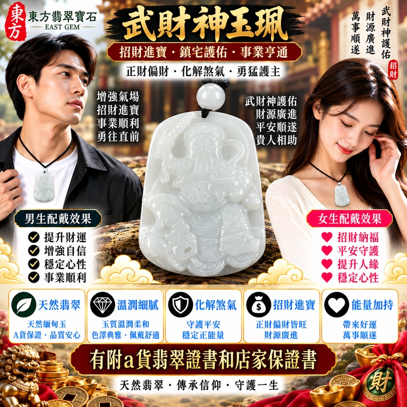 【已出售勿下標,可客製訂做|A貨翡翠武財神項鍊玉珮|白綠色糯種天然緬甸玉、趙公明武財神牌、玉質溫潤翠色雅緻、招財進寶、守財納福、事業亨通】天然翡翠武財神趙公明玉墜,白綠色糯種玉質溫潤柔和、天然白綠色澤清雅自然,翠綠色彩點綴於素雅玉質之間,呈現自然豐富的色澤層次,搭配糯種細膩柔潤、含蓄溫雅的質感,展現天然緬甸翡翠清新典雅、古典耐看的玉石特色,趙公明武財神雕刻意象威武莊嚴,寓意招財進寶、財源廣進、守財納福、生意興隆、事業亨通、順心如意、吉祥納福、福運綿延;原商品已出售,可依需求客製化訂做各種翡翠武財神吊墜玉珮項鍊,WM028,附A貨翡翠雙證書2 【已出售勿下標,可客製訂做|A貨翡翠武財神項鍊玉珮|白綠色糯種天然緬甸玉、趙公明武財神牌、玉質溫潤翠色雅緻、招財進寶、守財納福、事業亨通】天然翡翠武財神趙公明玉墜,白綠色糯種玉質溫潤柔和、天然白綠色澤清雅自然,翠綠色彩點綴於素雅玉質之間,呈現自然豐富的色澤層次,搭配糯種細膩柔潤、含蓄溫雅的質感,展現天然緬甸翡翠清新典雅、古典耐看的玉石特色,趙公明武財神雕刻意象威武莊嚴,寓意招財進寶、財源廣進、守財納福、生意興隆、事業亨通、順心如意、吉祥納福、福運綿延;原商品已出售,可依需求客製化訂做各種翡翠武財神吊墜玉珮項鍊,WM028,附A貨翡翠雙證書2