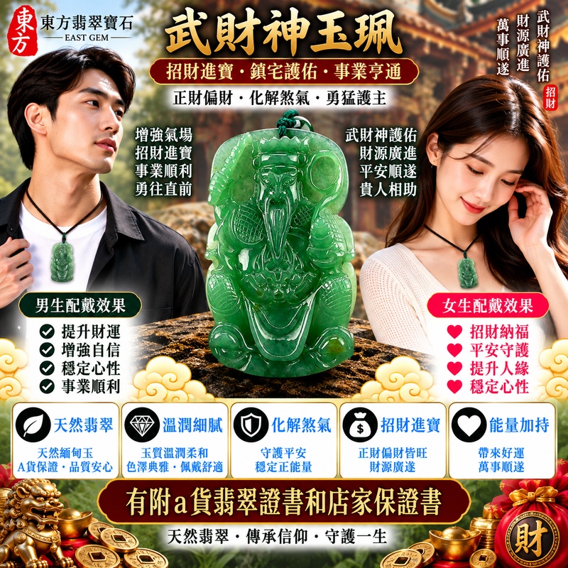 【已售出勿下標,可客製訂做|A貨翡翠武財神項鍊玉珮|油青種天然緬甸玉、趙公明武財神玉墜、雕工細膩些微透光、色澤沉穩內斂、招財納福、財運亨通、事業順遂】天然油青翡翠武財神牌玉墜,油青色澤沉穩內斂、玉質自然細膩並帶些微透光感,呈現天然緬甸油青翡翠深邃雅緻、沉靜穩重且古典耐看的東方玉石特色,雕工細膩,更能展現趙公明武財神威武莊嚴的神韻與細節,融合天然翡翠玉雕與傳統財神文化,寓意招財納福、財源廣進、守財聚福、財運亨通、生意興隆、事業順遂、吉祥如意、福運長存;原商品已售出,可依需求客製化訂做各種翡翠武財神吊墜玉珮項鍊,WM001,附A貨翡翠雙證書2 【已售出勿下標,可客製訂做|A貨翡翠武財神項鍊玉珮|油青種天然緬甸玉、趙公明武財神玉墜、雕工細膩些微透光、色澤沉穩內斂、招財納福、財運亨通、事業順遂】天然油青翡翠武財神牌玉墜,油青色澤沉穩內斂、玉質自然細膩並帶些微透光感,呈現天然緬甸油青翡翠深邃雅緻、沉靜穩重且古典耐看的東方玉石特色,雕工細膩,更能展現趙公明武財神威武莊嚴的神韻與細節,融合天然翡翠玉雕與傳統財神文化,寓意招財納福、財源廣進、守財聚福、財運亨通、生意興隆、事業順遂、吉祥如意、福運長存;原商品已售出,可依需求客製化訂做各種翡翠武財神吊墜玉珮項鍊,WM001,附A貨翡翠雙證書2