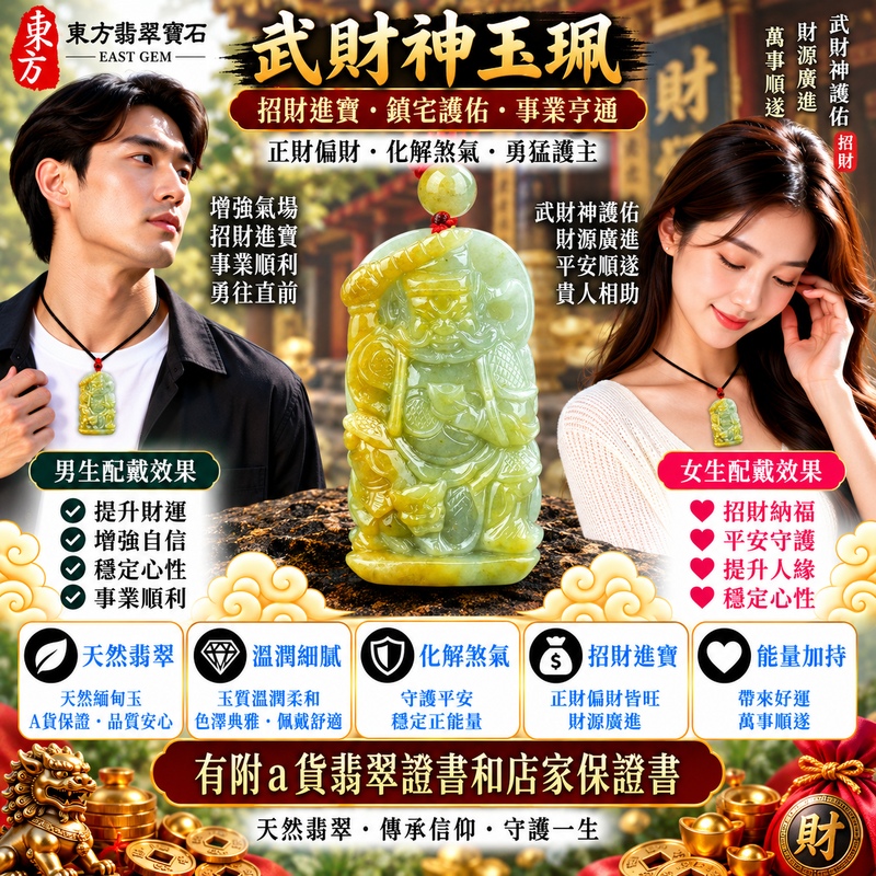 【已售出勿下標,可客製訂做|A貨翡翠武財神項鍊玉珮|黃綠色細豆種天然緬甸玉、趙公明武財神牌、黃綠雙色自然相映、招財進寶、財源廣進、吉祥納福】天然翡翠武財神趙公明玉墜,黃綠色細豆種呈現天然黃綠雙色色澤,暖雅黃色與清新綠色自然相映、色彩層次富有變化,細豆種保有天然翡翠細緻結晶質感,整體呈現樸實溫潤、古典雅緻且各具特色的東方玉石美感,搭配趙公明武財神莊嚴威武的雕刻意象,更添傳統招財祈福文化特色,寓意招財進寶、財源廣進、守財聚福、生意興隆、事業順遂、吉祥納福、福氣相伴、福運綿延;原商品已售出,可依需求客製化訂做各種翡翠武財神吊墜玉珮項鍊,WM008,附A貨翡翠雙證書2 【已售出勿下標,可客製訂做|A貨翡翠武財神項鍊玉珮|黃綠色細豆種天然緬甸玉、趙公明武財神牌、黃綠雙色自然相映、招財進寶、財源廣進、吉祥納福】天然翡翠武財神趙公明玉墜,黃綠色細豆種呈現天然黃綠雙色色澤,暖雅黃色與清新綠色自然相映、色彩層次富有變化,細豆種保有天然翡翠細緻結晶質感,整體呈現樸實溫潤、古典雅緻且各具特色的東方玉石美感,搭配趙公明武財神莊嚴威武的雕刻意象,更添傳統招財祈福文化特色,寓意招財進寶、財源廣進、守財聚福、生意興隆、事業順遂、吉祥納福、福氣相伴、福運綿延;原商品已售出,可依需求客製化訂做各種翡翠武財神吊墜玉珮項鍊,WM008,附A貨翡翠雙證書2