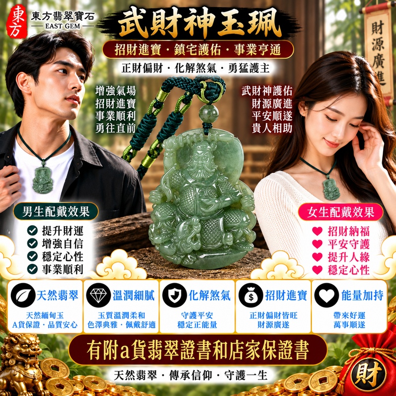 【A貨翡翠武財神項鍊玉珮|綠色翡翠糯種天然緬甸玉、趙公明武財神牌、天然翠色溫潤細膩、古典雅緻耐看、招財納福、財源廣進、守財聚福、事業順遂】天然綠色翡翠武財神趙公明玉墜,糯種玉質溫潤細緻、天然翠色色澤柔和雅緻,呈現緬甸翡翠清雅翠意、糯潤質感與沉穩耐看的東方玉石之美,搭配趙公明武財神莊嚴威武的雕刻造型,融合天然翡翠美感與傳統財神文化,寓意招財納福、財源廣進、守財聚福、生意興隆、事業順遂、吉祥如意、財福相伴、福運長存,適合日常佩戴、開店經商、事業祈福、開業送禮與收藏,客製化訂做各種翡翠武財神吊墜玉珮項鍊,WM062,附A貨翡翠雙證書2 【A貨翡翠武財神項鍊玉珮|綠色翡翠糯種天然緬甸玉、趙公明武財神牌、天然翠色溫潤細膩、古典雅緻耐看、招財納福、財源廣進、守財聚福、事業順遂】天然綠色翡翠武財神趙公明玉墜,糯種玉質溫潤細緻、天然翠色色澤柔和雅緻,呈現緬甸翡翠清雅翠意、糯潤質感與沉穩耐看的東方玉石之美,搭配趙公明武財神莊嚴威武的雕刻造型,融合天然翡翠美感與傳統財神文化,寓意招財納福、財源廣進、守財聚福、生意興隆、事業順遂、吉祥如意、財福相伴、福運長存,適合日常佩戴、開店經商、事業祈福、開業送禮與收藏,客製化訂做各種翡翠武財神吊墜玉珮項鍊,WM062,附A貨翡翠雙證書2