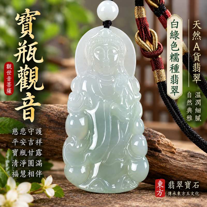 白綠色糯種寶瓶觀音觀世音菩薩翡翠玉珮 I 慈悲守護平安吉祥寶瓶甘露清淨圓滿祝願 GY1037 福慧相伴祥和順心 I 緬甸A貨翡翠觀世音菩薩玉珮 I 白綠自然色澤糯潤質感寶瓶觀音傳統玉文化題材 I 適合日常佩戴珍藏祈福親友祝福送禮與客製化訂做 I 中國玉石鑑定所及東方翡翠寶石保證書附雙證書1