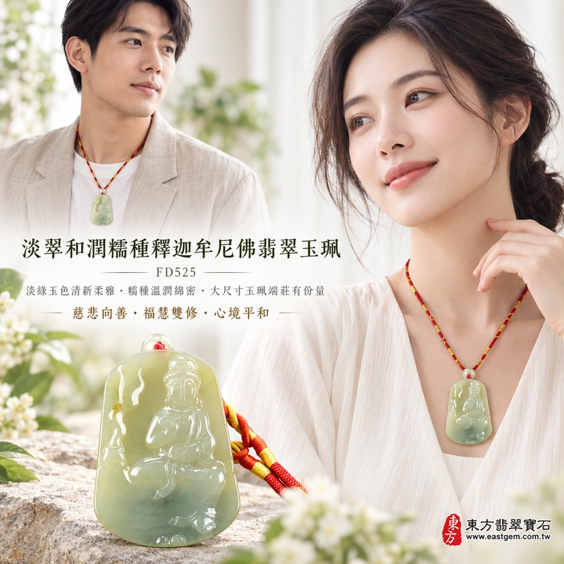 淡翠和潤糯種釋迦牟尼佛翡翠玉珮｜FD525｜佛祖天然A貨緬甸玉項鍊吊墜・淡綠玉色清新柔雅・糯種玉質溫潤綿密・大尺寸玉珮端莊富有份量・天然玉韻沉靜含蓄｜寓意慈悲向善、智慧增長、福慧雙修、清淨守心、善念相伴、沉穩自省、心境平和、平安吉祥｜可客製訂做各式翡翠釋迦牟尼佛吊墜玉珮項鍊｜附A貨翡翠雙證書2
