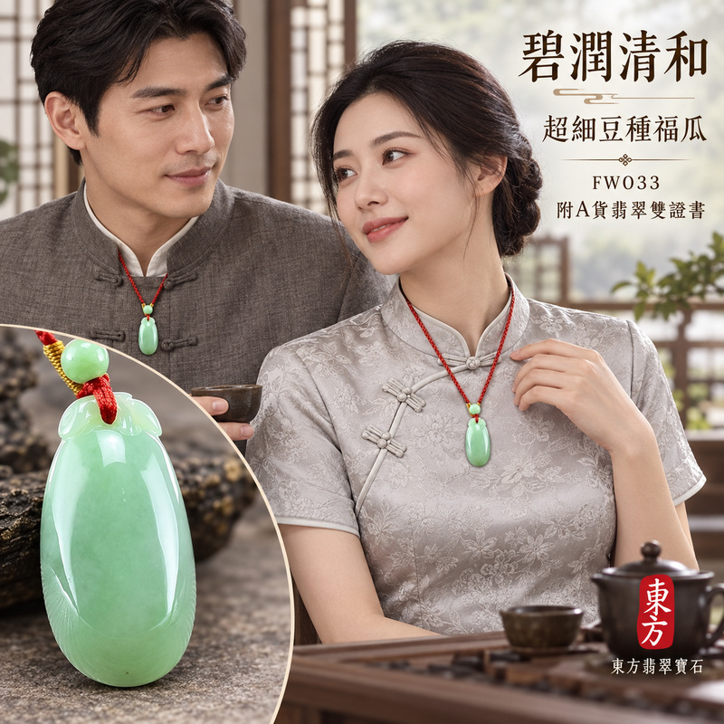 已售出可訂做｜翡翠福瓜項鍊玉珮｜福氣綿延・豐收圓滿・吉祥安泰｜天然A貨翡翠・緬甸玉・超細豆種｜福運連綿｜福瓜玉珮・福瓜玉墜・福瓜吊墜・福瓜項鍊｜FW033｜客製化訂做福瓜玉珮、福瓜玉墜、福瓜吊墜、福瓜項鍊｜附A貨翡翠雙證書