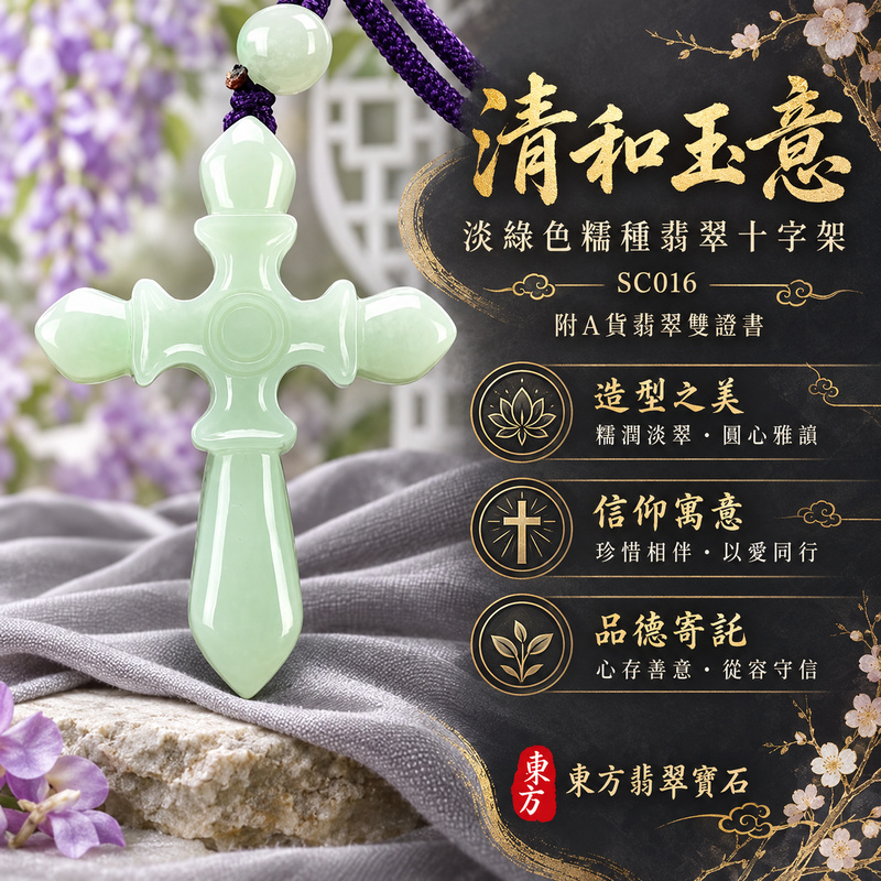 已售出可訂做｜翡翠十字架項鍊玉珮｜信仰相伴・平安守護・愛與盼望｜天然A貨翡翠・緬甸玉・糯種・淡綠色｜十字架｜十字架玉珮・十字架玉墜・十字架吊墜・十字架項鍊｜SC016｜客製化訂做十字架玉珮、十字架玉墜、十字架吊墜、十字架項鍊｜附A貨翡翠雙證書