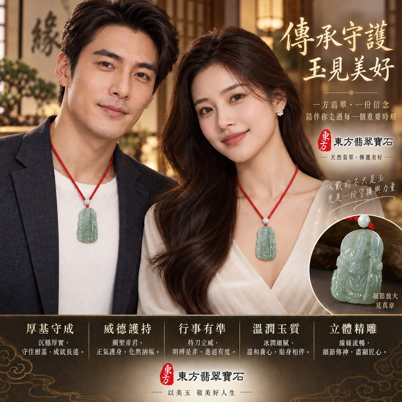 翡翠關公項鍊玉珮｜關聖帝君厚基守成・威德護持・行事有準｜A貨翡翠綠色糯種・天然玉色・立體精雕｜緬甸玉關公玉墜・關公牌玉珮KG536｜客製化訂做各式翡翠關公吊墜玉珮項鍊｜附A貨翡翠雙證書2