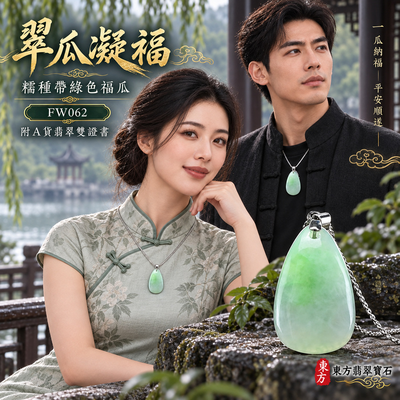 已售出可訂做｜翡翠福瓜項鍊玉珮｜福氣綿延・豐收圓滿・吉祥安泰｜天然A貨翡翠・緬甸玉・糯種・綠色・帶綠色｜福運連綿｜福瓜玉珮・福瓜玉墜・福瓜吊墜・福瓜項鍊｜FW062｜客製化訂做福瓜玉珮、福瓜玉墜、福瓜吊墜、福瓜項鍊｜附A貨翡翠雙證書