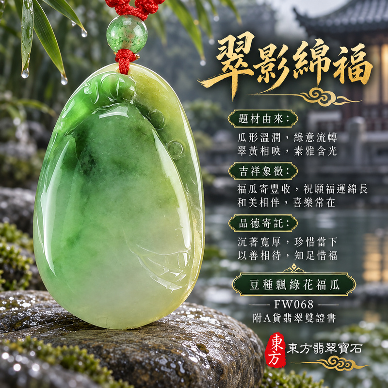 已售出可訂做｜翡翠福瓜項鍊玉珮｜福氣綿延・豐收圓滿・吉祥安泰｜天然A貨翡翠・緬甸玉・豆種・飄綠花｜福運連綿｜福瓜玉珮・福瓜玉墜・福瓜吊墜・福瓜項鍊｜FW068｜客製化訂做福瓜玉珮、福瓜玉墜、福瓜吊墜、福瓜項鍊｜附A貨翡翠雙證書