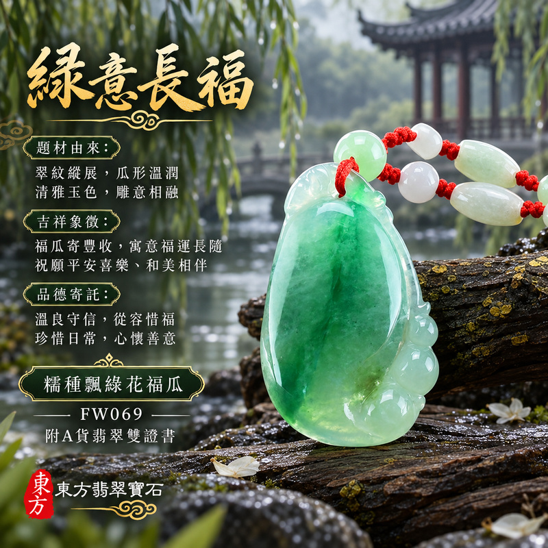 已售出可訂做｜翡翠福瓜項鍊玉珮｜福氣綿延・豐收圓滿・吉祥安泰｜天然A貨翡翠・緬甸玉・糯種・飄綠花｜福運連綿｜福瓜玉珮・福瓜玉墜・福瓜吊墜・福瓜項鍊｜FW069｜客製化訂做福瓜玉珮、福瓜玉墜、福瓜吊墜、福瓜項鍊｜附A貨翡翠雙證書