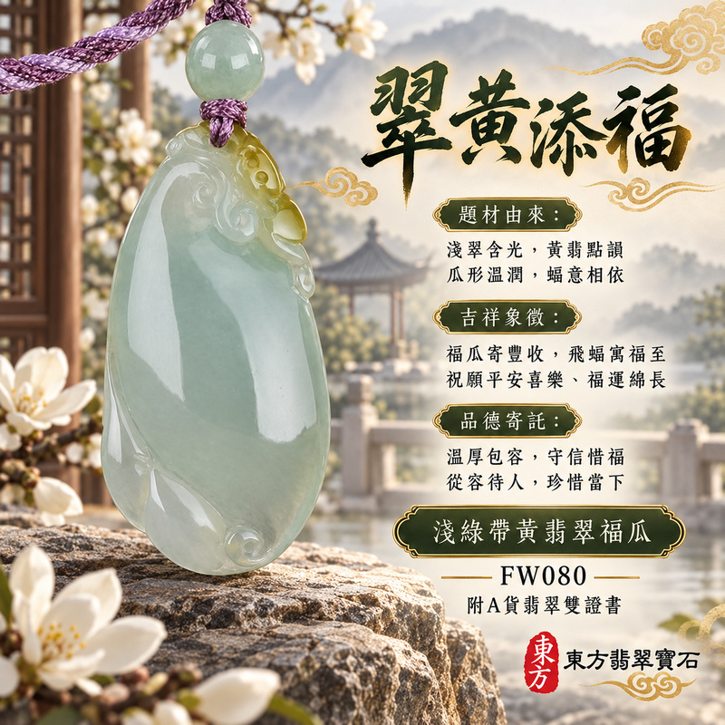 已售出可訂做｜翡翠福瓜項鍊玉珮｜福氣綿延・豐收圓滿・吉祥安泰｜天然A貨翡翠・緬甸玉・糯冰種・淺綠色・黃翡翠・帶黃翡｜福運連綿｜福瓜玉珮・福瓜玉墜・福瓜吊墜・福瓜項鍊｜FW080｜客製化訂做福瓜玉珮、福瓜玉墜、福瓜吊墜、福瓜項鍊｜附A貨翡翠雙證書