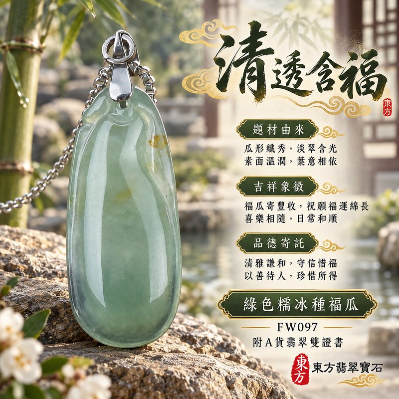 翡翠福瓜項鍊玉珮｜福氣綿延・豐收圓滿・吉祥安泰｜天然A貨翡翠・緬甸玉・糯冰種・綠色｜福運連綿｜福瓜玉珮・福瓜玉墜・福瓜吊墜・福瓜項鍊｜FW097｜客製化訂做福瓜玉珮、福瓜玉墜、福瓜吊墜、福瓜項鍊｜附A貨翡翠雙證書