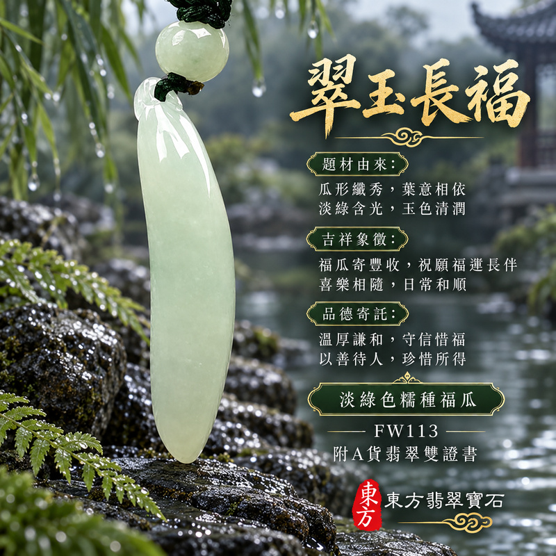 翡翠福瓜項鍊玉珮｜福氣綿延・豐收圓滿・吉祥安泰｜天然A貨翡翠・緬甸玉・糯種・淡綠色｜福運連綿｜福瓜玉珮・福瓜玉墜・福瓜吊墜・福瓜項鍊｜FW113｜客製化訂做福瓜玉珮、福瓜玉墜、福瓜吊墜、福瓜項鍊｜附A貨翡翠雙證書