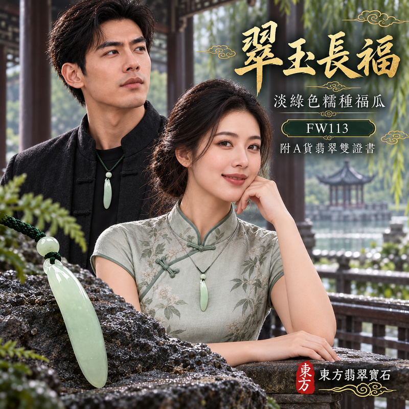 翡翠福瓜項鍊玉珮｜福氣綿延・豐收圓滿・吉祥安泰｜天然A貨翡翠・緬甸玉・糯種・淡綠色｜福運連綿｜福瓜玉珮・福瓜玉墜・福瓜吊墜・福瓜項鍊｜FW113｜客製化訂做福瓜玉珮、福瓜玉墜、福瓜吊墜、福瓜項鍊｜附A貨翡翠雙證書