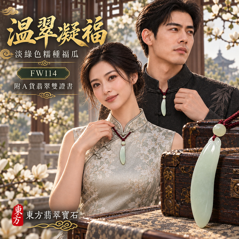翡翠福瓜項鍊玉珮｜福氣綿延・豐收圓滿・吉祥安泰｜天然A貨翡翠・緬甸玉・糯種・淡綠色｜福運連綿｜福瓜玉珮・福瓜玉墜・福瓜吊墜・福瓜項鍊｜FW114｜客製化訂做福瓜玉珮、福瓜玉墜、福瓜吊墜、福瓜項鍊｜附A貨翡翠雙證書