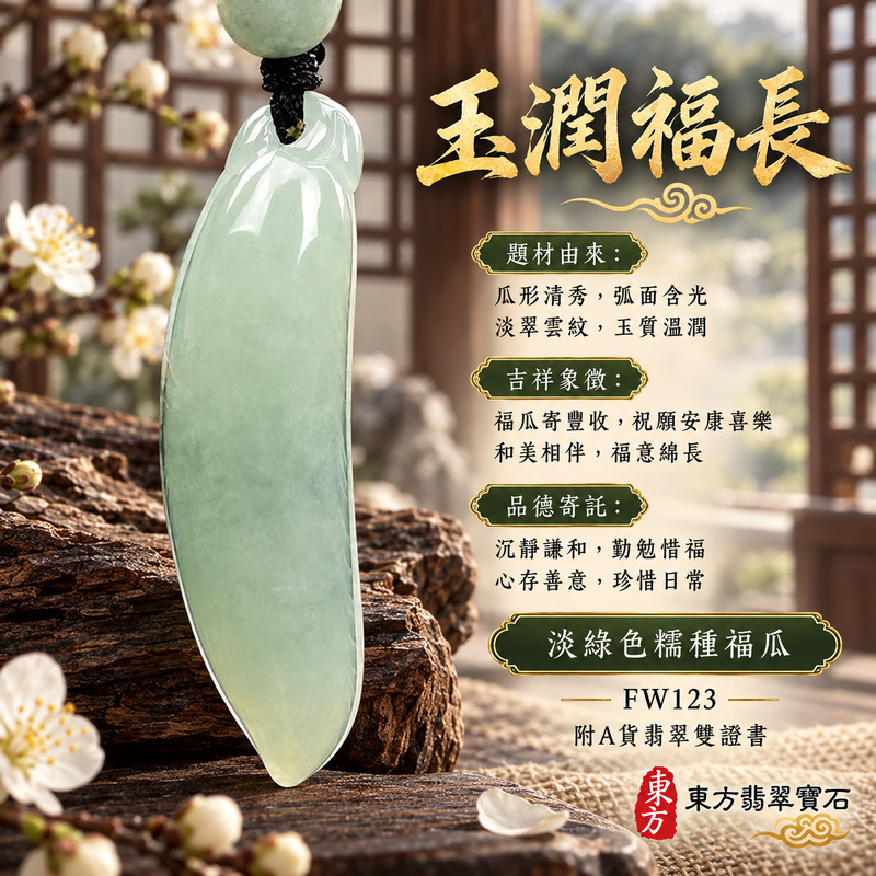 翡翠福瓜項鍊玉珮｜福氣綿延・豐收圓滿・吉祥安泰｜天然A貨翡翠・緬甸玉・糯種・淡綠色｜福運連綿｜福瓜玉珮・福瓜玉墜・福瓜吊墜・福瓜項鍊｜FW123｜客製化訂做福瓜玉珮、福瓜玉墜、福瓜吊墜、福瓜項鍊｜附A貨翡翠雙證書
