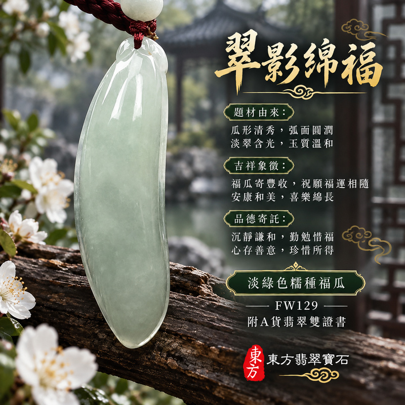 翡翠福瓜項鍊玉珮｜福氣綿延・豐收圓滿・吉祥安泰｜天然A貨翡翠・緬甸玉・糯種・淡綠色｜福運連綿｜福瓜玉珮・福瓜玉墜・福瓜吊墜・福瓜項鍊｜FW129｜客製化訂做福瓜玉珮、福瓜玉墜、福瓜吊墜、福瓜項鍊｜附A貨翡翠雙證書