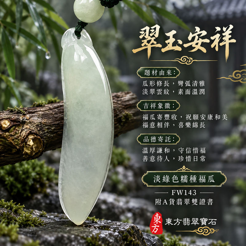 翡翠福瓜項鍊玉珮｜福氣綿延・豐收圓滿・吉祥安泰｜天然A貨翡翠・緬甸玉・糯種・淡綠色｜福運連綿｜福瓜玉珮・福瓜玉墜・福瓜吊墜・福瓜項鍊｜FW143｜客製化訂做福瓜玉珮、福瓜玉墜、福瓜吊墜、福瓜項鍊｜附A貨翡翠雙證書
