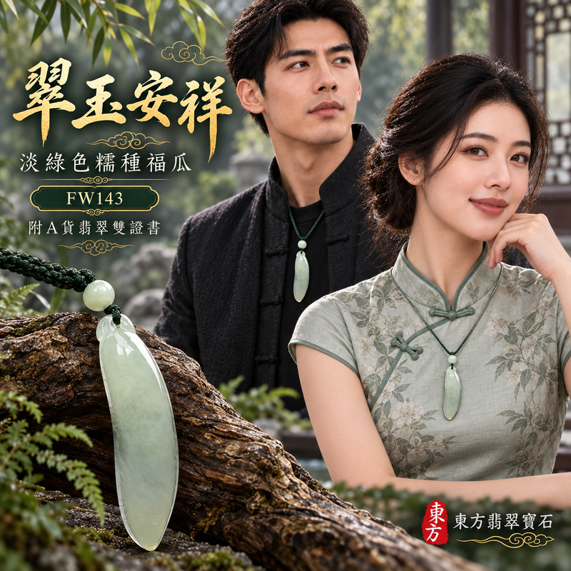 翡翠福瓜項鍊玉珮｜福氣綿延・豐收圓滿・吉祥安泰｜天然A貨翡翠・緬甸玉・糯種・淡綠色｜福運連綿｜福瓜玉珮・福瓜玉墜・福瓜吊墜・福瓜項鍊｜FW143｜客製化訂做福瓜玉珮、福瓜玉墜、福瓜吊墜、福瓜項鍊｜附A貨翡翠雙證書