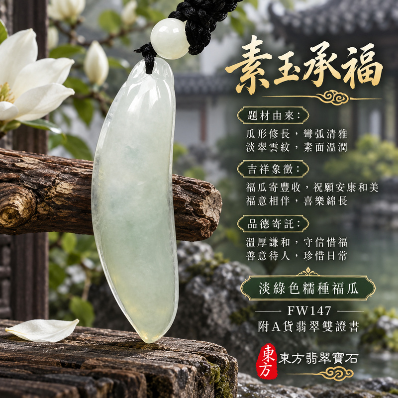 翡翠福瓜項鍊玉珮｜福氣綿延・豐收圓滿・吉祥安泰｜天然A貨翡翠・緬甸玉・糯種・淡綠色｜福運連綿｜福瓜玉珮・福瓜玉墜・福瓜吊墜・福瓜項鍊｜FW147｜客製化訂做福瓜玉珮、福瓜玉墜、福瓜吊墜、福瓜項鍊｜附A貨翡翠雙證書