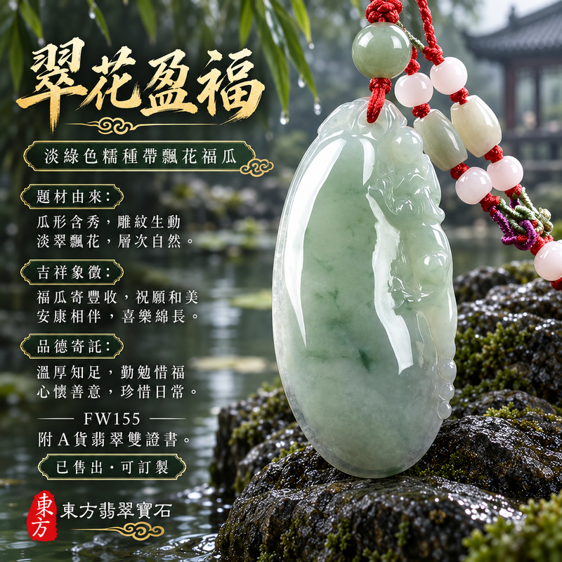 已售出可訂做｜翡翠福瓜項鍊玉珮｜福氣綿延・豐收圓滿・吉祥安泰｜天然A貨翡翠・緬甸玉・糯種・淡綠色・帶飄花｜福運連綿｜福瓜玉珮・福瓜玉墜・福瓜吊墜・福瓜項鍊｜FW155｜客製化訂做福瓜玉珮、福瓜玉墜、福瓜吊墜、福瓜項鍊｜附A貨翡翠雙證書